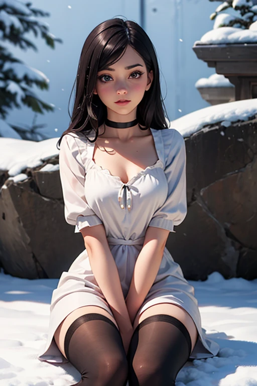 ((Biologically correct limb count))、((Full Body Shot, Full-body photo including face、Head to toe photos))、4K、masterpiece、((Focus on the face))、((Symmetrical facial features))、Eyes of meticulous depiction、One beautiful woman、Excellent style、（(Panties and bras、Black garter stockings、High heels、Tight dress)）、Detailed Description、Small earrings、necklace、High angle、Looking up