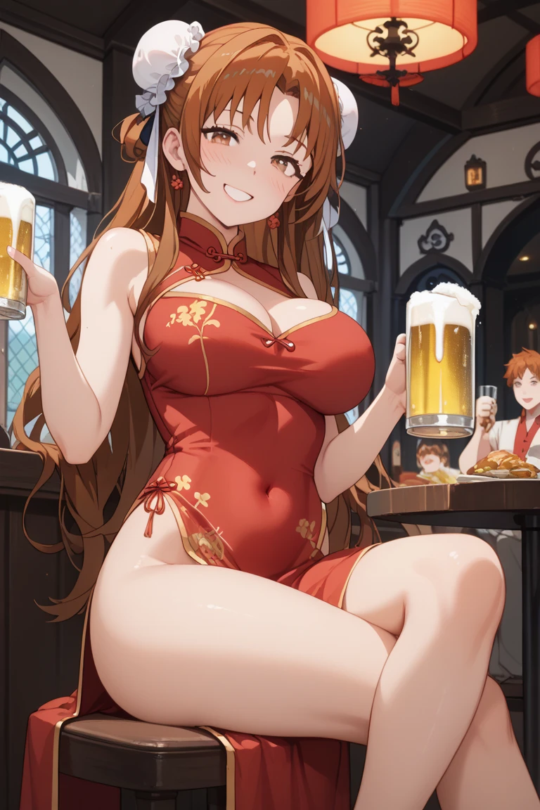 score_9,score_8_up,score_7_up,18 year old,1girl,asuna \(sao-alo\), sword art online,yuuki asuna, brown eyes, brown hair, long hair, bangs, braid,sitting, holding cup, smile,large breasts,brown hair,parted hair,long hair,red dress,halter dress,plunging neckline,center opening,cleavage,navel,earrings,bracelet,people,multiple boys,restaurant,