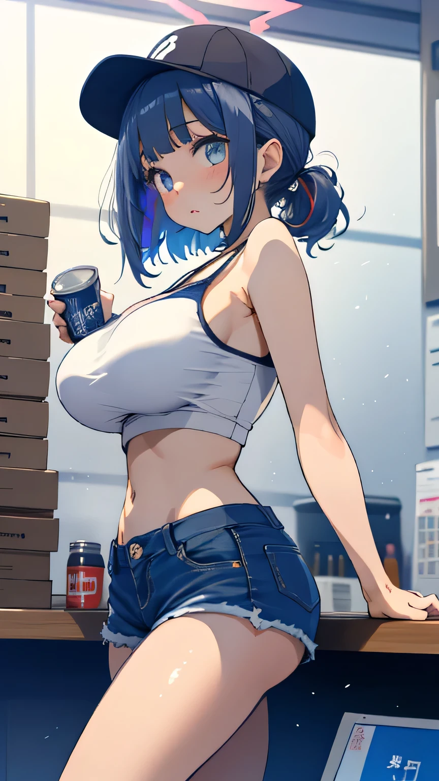 (masterpiece, Best Quality, ultra-detailed, high resolution, extremely detailed CG, official art, Professional Lighting, Perfect Anatomy, anime colors), (from below), looking at viewer, cowboy shot, perfect body, 24yo beautiful 1girl, medium hips, glamorous body,a small face,beautiful-makeup,Makeup light,Shortcut Hair,dark brown hair、Bust b Cup, Amazing Cleavage, thin waist, big ass, Raised sexy, big breast: 1.2 posed cleavage:1.2, (off shoulders,Sportsbra,legginullnude), micro denim shorts, bare legs, nail_polish, pale skin, Waiting friend, (morning:1.5), tokyo, (convenience store:1.3), outdoor, (depth of field:1.3), contrapposto, (Hold a coffee in your hand:1.3),delicate beautiful face, Bright magenta eyes, cute eyes, sparkling eyes, Big eyes, (big breasts:1.3), (perky chest:1.1), (pointed chest:1.3), looking at viewer,