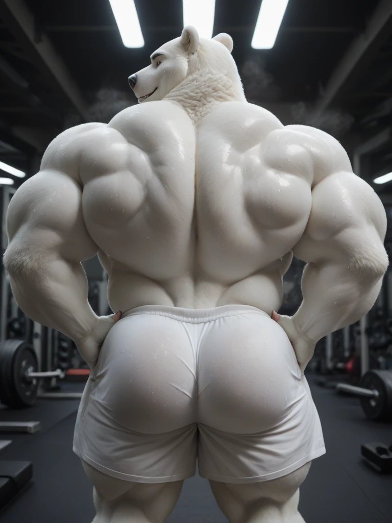furry growth, close up big bulge, hyper growth, hyper muscles, a cat, blue, cute cat, shirtless, white shorts, muscular, on a gray background