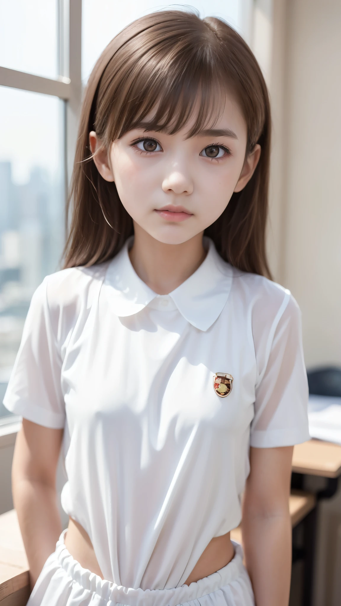 female middle school student、wonderful hairstyle、 Hair、shirt、Tops、 beautiful symmetrical eyes 、beautiful small face、High nose、Beautifully shaped lips 、Moisturizing Lips、slender body line、((tight waist))、((Misaka Mikoto))、Highest Quality、8K、 RAW photos 、reality、ultra high definition、detailed eyes and faces between desks、professional photography techniques