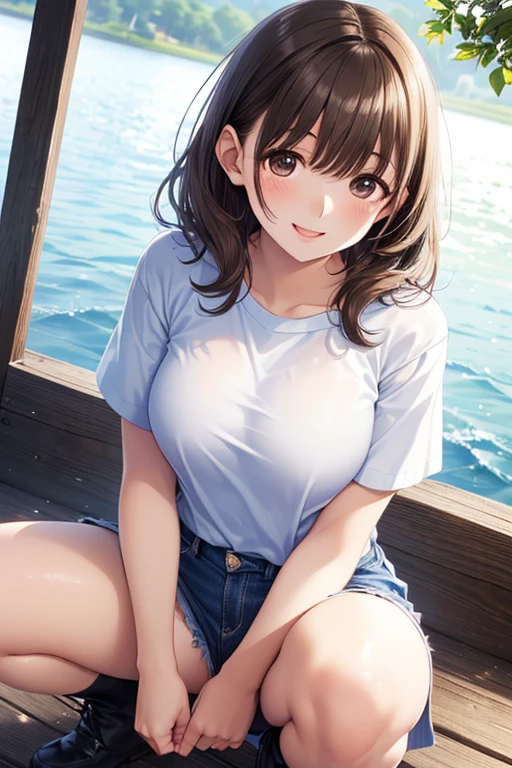 (best quality,4k,8k,highres,masterpiece:1.2), ultra-detailed, Kunikida Hanamaru, breasts, looking at viewer, blush, smile, bangs, shirt, dolphin shorts, navel, cleavage, big breasts, standing, collarbone, white shirt, short_sleeves, thighs, sky, day, midriff, cloud, blue_sky, leaning forward, one_side_up, arms_behind_back
