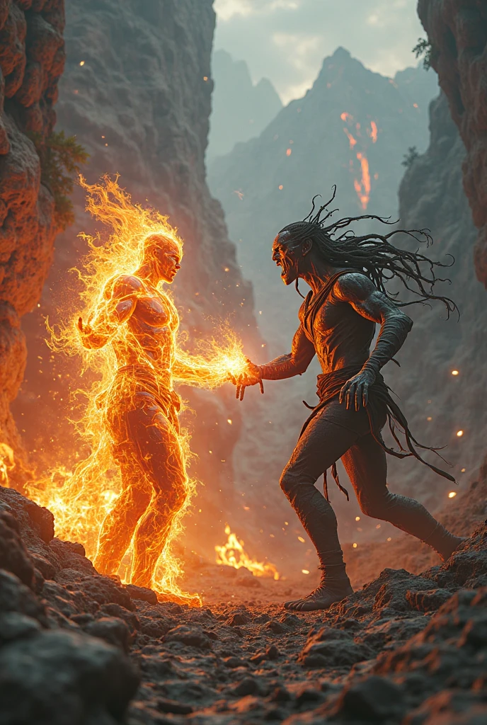 The bald man's body dissipated into flames as he pushed the tribal chief into the fire, in an atmosphere filled with fog and explosions.