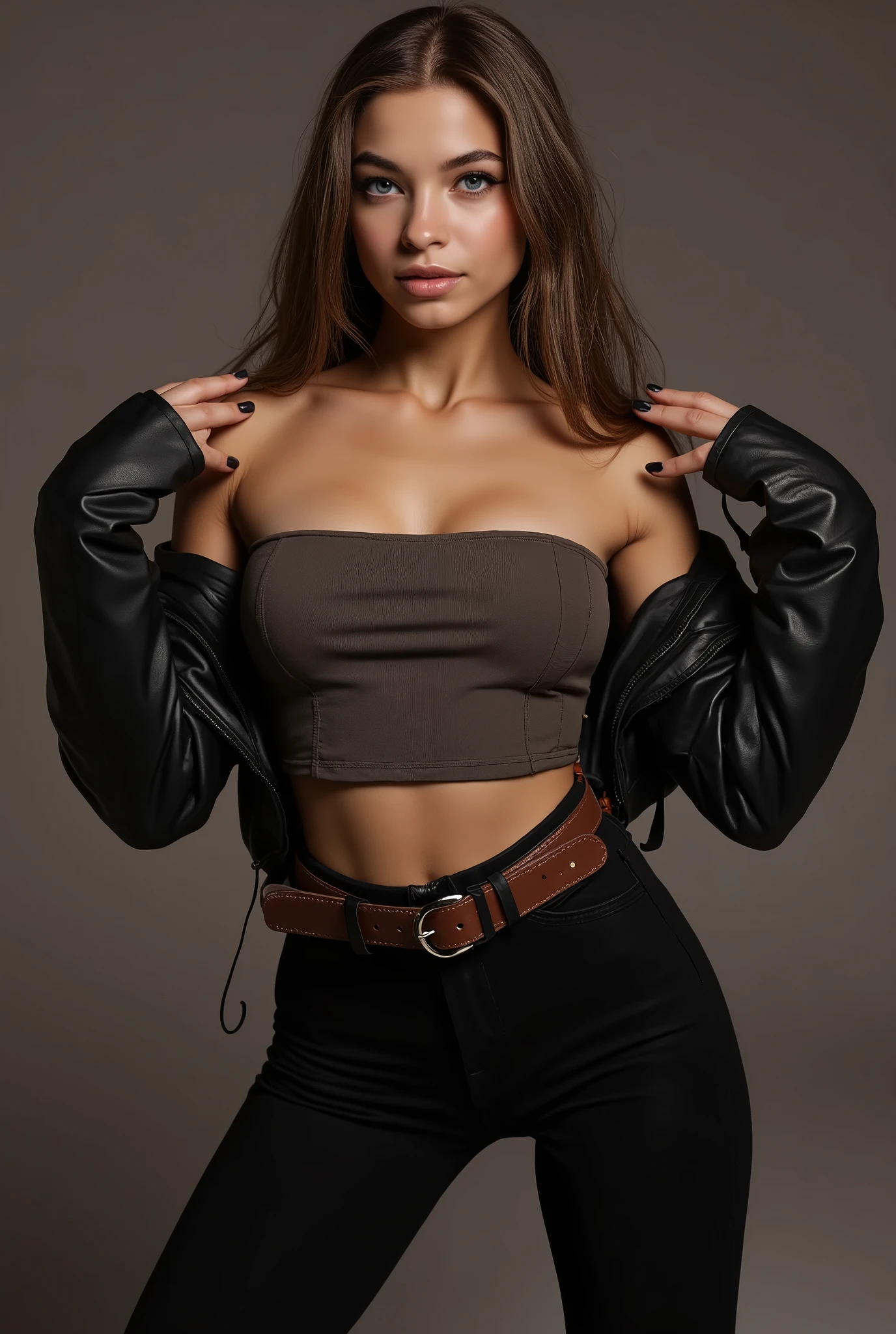 full body Realism , SEXY SENSUAL BEAUTY young girl , I was with short top , black leggings , leather jacket , wide leather belt , stiletto elegant shoes , black nails and long blonde hair . i was having the perfect curvie body