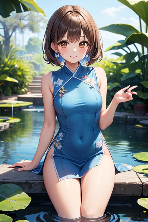 extremely_glossy_fabric, red_eyes, very_glossy_shiny_material, (turqois qipao), makoto, short_brown_hair, blunt_bangs, crownbraid, sitting_on_wooden_chair, outside, small_breasts, shy_smile, skinny, realistic_legs_and_arms, beautiful, high resolution, 8k, cowboy shot