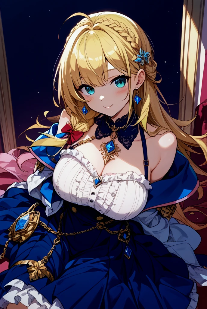 It depicts a beautiful anime character with blonde hair and blue eyes, decorated with blue decorative hairpins. She wears blue and black lingerie, including a plaid bra and garter belt, and black stockings that feature hollow patterns on her upper legs. Her character is sitting surrounded by blue flowers, supporting her weight with her right hand and her left hand resting on her thigh. She has a gentle smile, turns her head to the right, and stares ahead of her with sparkling eyes, exuding a bright and lively atmosphere.
BREAK
## Style
- Versatile: White Anime Barbie, Biomechanical, Anime Moe Art Style, Dress, Desktop Background
- Specialized type: "Fate/Stay Night", "Fate/Grand Order", Kushard Krenz's key art, feminine style
BREAK
## Hairstyle and color (determined by theme, pronto overall): Choose one main style from 5 styles (long hair, ponytail, twin tails, bob cut, long braid) and combine all remaining 4 hairstyles to create an original Please style your hair. You can choose the main hair color from gold, blue, or green, and add the remaining two colors as a gradation color.
BREAK
## Colors: green, blue and gold (added to important elements of the theme), light blue, yellow, silver, crimson (added to other than important elements of the theme)
BREAK
## Body type and complexion: voluptuous, voluptuous, stylish body, rocket breasts, cleavage (between breasts), erection of nipple, hanging breasts, armpits, bare shoulders, breasts, caustics, collarbones, huge breasts , sagging breasts, moles, skin depressions, stomach, thighs, moistwith
BREAK
## image quality
- Universal: golden ratio 1.2, drawing board 1.3
- Specialized: absurdres, highest quality, photo-realistic, hyper-realistic, ultra-detailed illustrations
BREAK
## Quality
- Versatile: Ultra quality
- Specialized: Ultra quality and detailed art
BREAK
## Resolution
- Versatile: 8K, Ultra High Resolution: 1.2
- Specialized: High resolution (HD, 4K, 8K, 16K), 24-bit, 48-bit color bit depth
