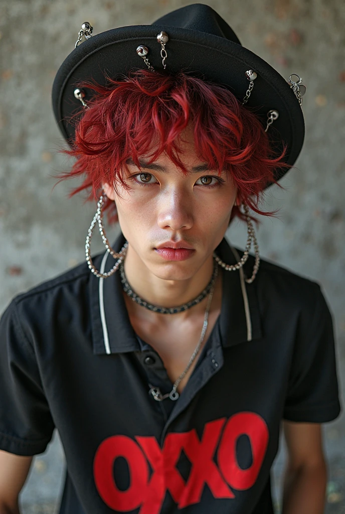 A young man in a red and black kimono, blue-toned hair, with many piercings in his ears, facing forward. A chain is attached to his clothing. Cool.