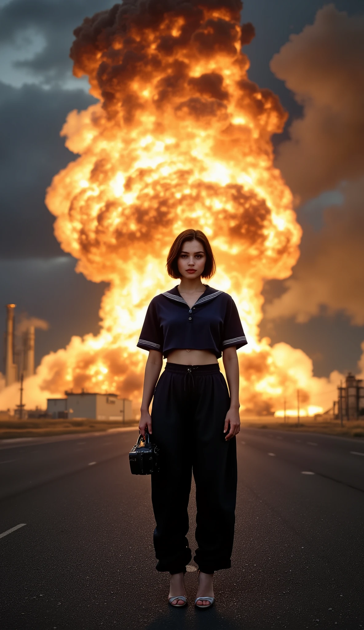 ((ultra short hair 1.5)),(tiny breasts),8Head to Body,1 woman,front view,((Cowboy Shot)),standing,staring at camera,(The light is shining on a person),(golden ratio)(best quality),masterpiece,(high res), 8k,RAW,(ultra realistic), insanely detailed,(photorealistic:1.4),professional lighting, ((deep focus1.2)),(deep depth of field),( 24 years old:1.2),( cute:1.2),perfect figure,(perfect anatomy),(well-proportioned),shiny skin,(looking at viewer) narrow waist,(wearing cropped navy sailor shirt),thick baggy pants,((High Heels 1.3)),(dynamic pose:1.2),(boombox:1.3),have a boombox in her hand,(detailed background:1.5), (petrochemical plant, huge big explosion:1.5),