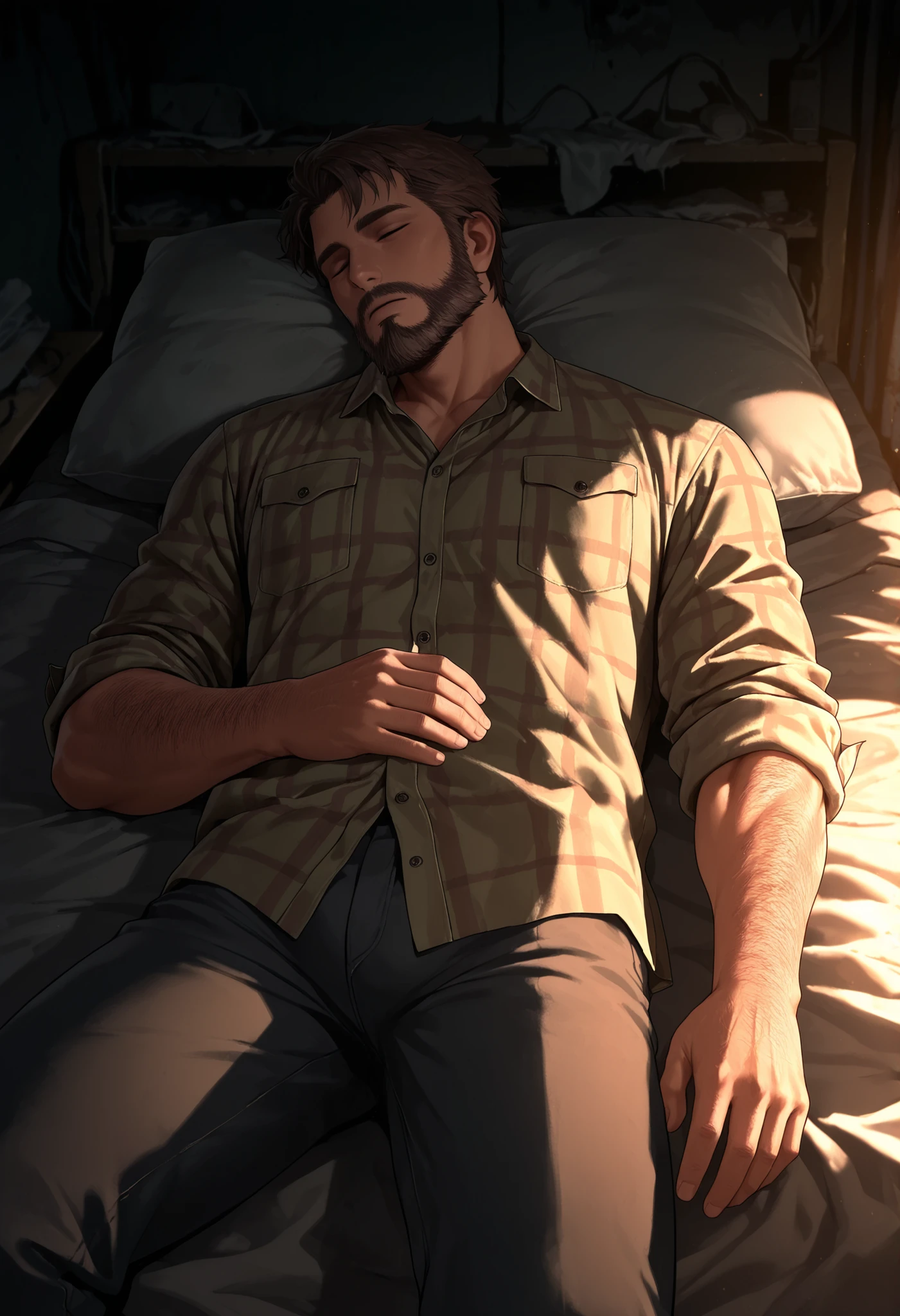 Biblical image of Joseph sleeping on a mat on the beaten floor of the room being visited by a light-clothed angel of God.
