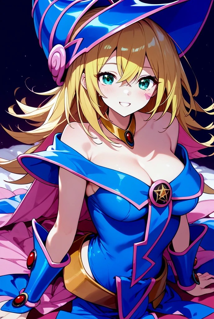 dark magician girl, masterpiece, best quality, 1girl, bare shoulders, blonde hair, breasts, cleavage, duel monster, green eyes, hat, large breasts, leotard, long hair, looking at viewer, blush stickers, open mouth, smile, solo, thighs, magic,light particles, magic circle, <lora:dark_magician_girl:0.6>