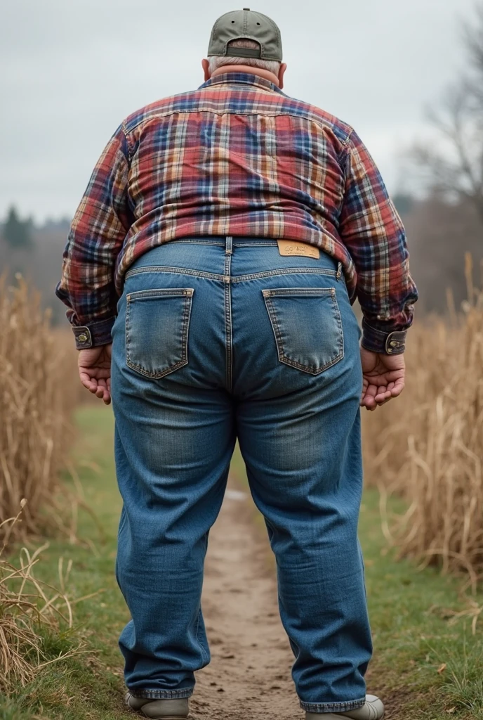 A rear shot of Chubby Grandpa peeing on the tree. (((The background below the text says When you gotta go you gotta go!)))