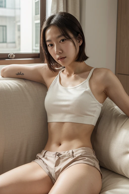 slim girl, 18 years old asian, very low quality, she is about 20 years old, wearing white oversize shirt, shoulder length black hair in a bun, sexy black fbt shorts, soft smooth white skin, sitting down with pants off, black panties, cover body