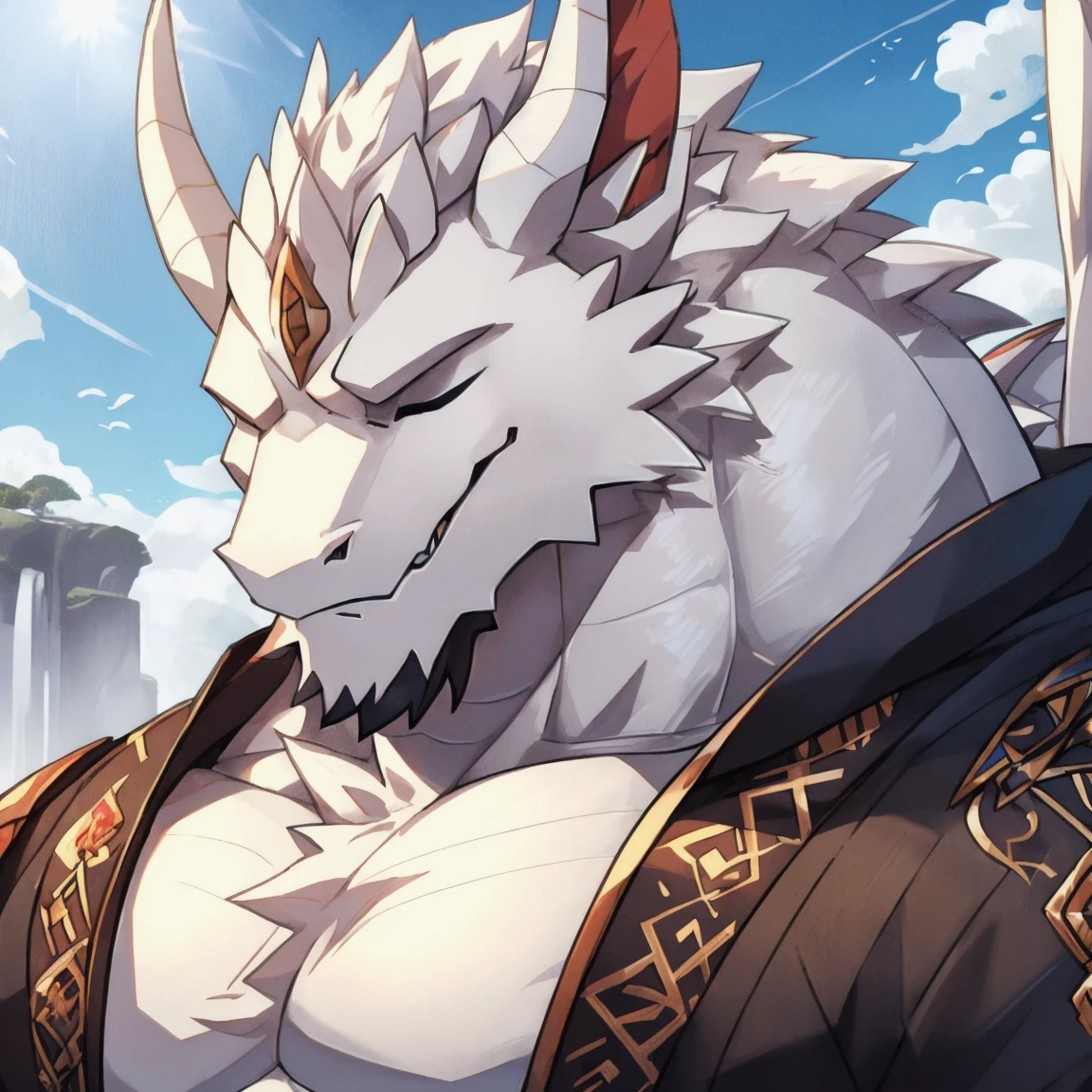 White Dragon Man:1.3, alone, vertical pupil,Eye, (elongated), Slim, (Eye anthro dragon):1.3, (The body has silvery white scales:1.4), white belly, (beast wild:1.4), There are silver scales all over the body , 细致的Eye, ((portrait)), , (细致的Eye, 蓝Eye, 明亮的Eye):1.1, on the bed，robe , The art of math, masterpiece, anime style，mane on neck: 3，silver horn:1.4，側躺on the bed: 1.7，There is a blush on the face: 1.5，topless: 1.8