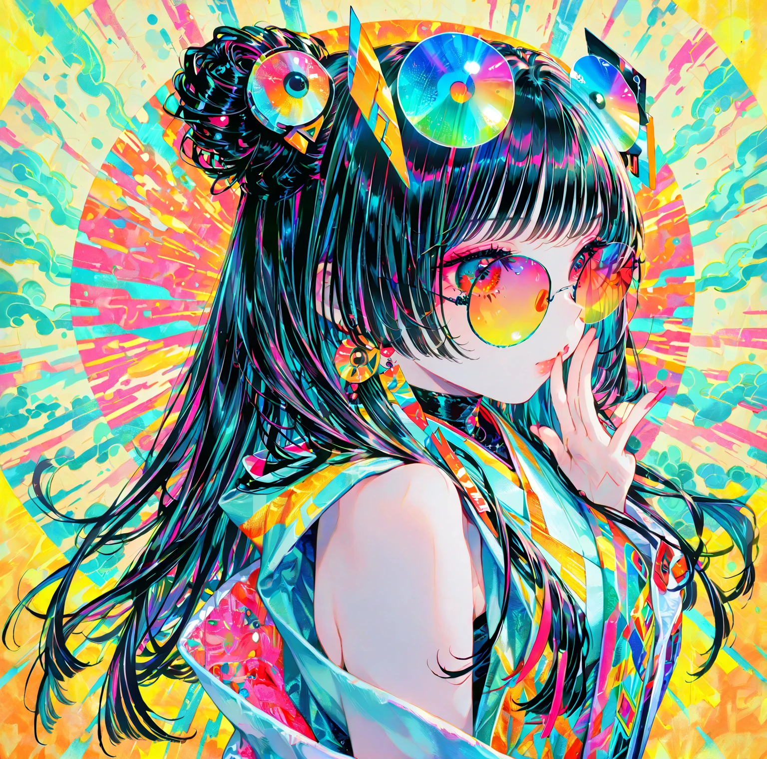 ((top-quality)), ((masterpiece)), (extremely detailed fine touch:1.3), psychedelic art, psychedelic girl, solo, psychedelic short hair, blunt bangs, lustrous skin, (((psychedelic under-rimmed glasses:1.3))), (psychedelic headphones:1.3), psychedelic eyes, medium breasts, clavicle, cleavage, midriff, bare arms, psychedelic