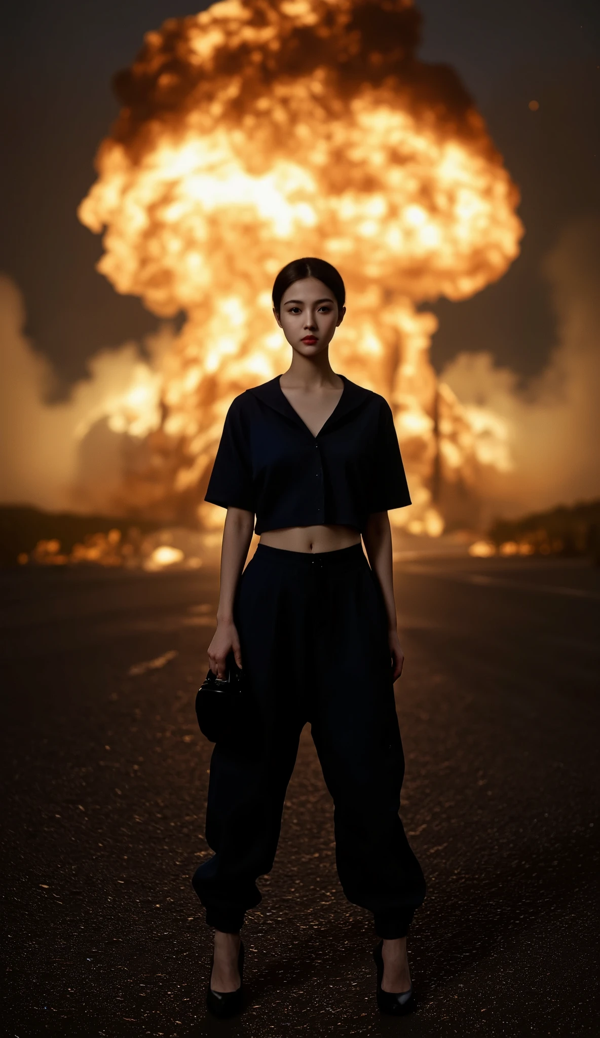 ((ultra short hair 1.5)),(tiny breasts),８Head to Body,1 woman,front view,((full body shot)),standing,staring at camera,(The light is shining on a person),(golden ratio)(best quality),masterpiece,(high res),  8k,RAW,(ultra realistic), insanely detailed,(photorealistic:1.4),professional lighting, ((deep focus1.2)),(deep depth of field),perfect figure,(perfect anatomy),(well-proportioned),shiny skin,(looking at viewer) narrow waist,(wearing cropped navy sailor shirt),thick baggy pants,((High Heels 1.3)),(dynamic pose:1.2, Leg Extension Pose ),(boombox:1.3),have a boombox in her hand,(detailed background:1.5), (petrochemical plant, huge big explosion:1.5), 