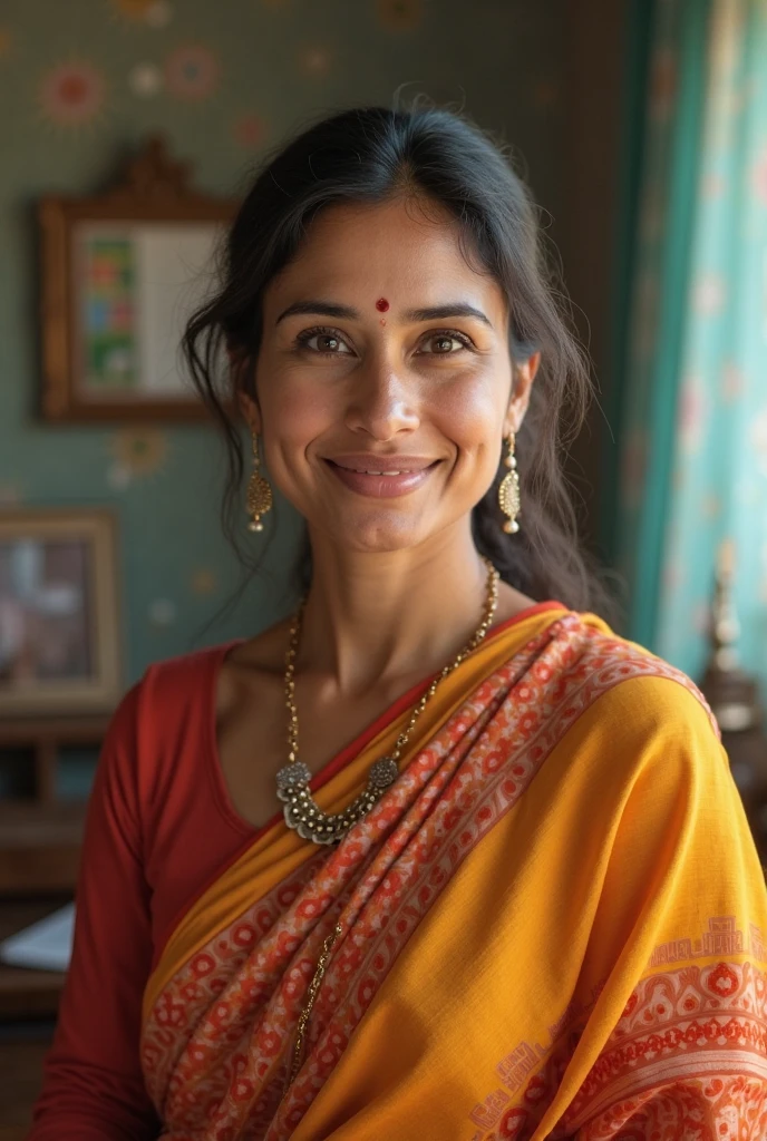 "A beautiful 43-year-old young Indian mom, wearing a traditional, vibrant saree with intricate designs. She has a warm, welcoming smile and expressive eyes, radiating grace and happiness. The saree is draped elegantly, showcasing her cultural pride. The background is simple, making her the main focus, with soft lighting enhancing her natural beauty and the rich colors of her outfit."