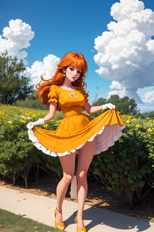 (masterpiece, best quality), best resolution, (2heads:1.5), 1girl, brown hair, blue eyes, casual, confident, smiling, grinning, arms crossed, dressed as princess daisy, princess daisy dress, cosplay, outside a convention center
