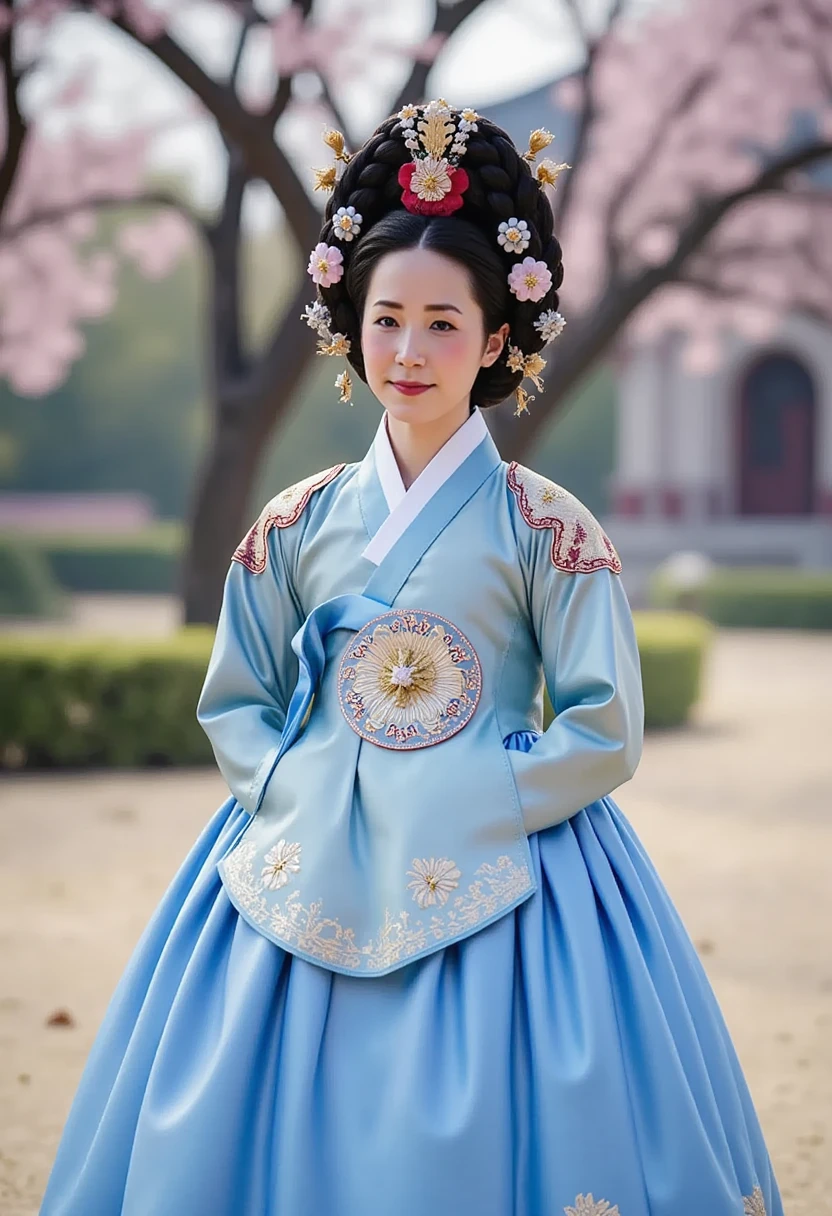 [CHARACTER: Tang Dynasty Imperial Noblewoman]  
Appearance: A breathtakingly beautiful Chinese woman with luminous porcelain skin, elegant oval face, soft round eyes, and an aura of authority mixed with sensuality.  
Outfit: Wearing an **extravagant Tang Dynasty hanfu**, with layers of **rich silk robes** in hues of deep red, gold, or royal purple, adorned with **phoenix and peony embroidery**, golden trims, and flowing wide sleeves. Her outer robe drapes gracefully, revealing inner layers with intricate brocade.  
Hair: Styled in a **tall, elaborate Tang court updo**, decorated with **gold phoenix pins**, **jeweled crowns**, **floral hair ornaments**, and **dangling pearl strings**.  
Expression: Regal and composed, with a soft, knowing smile or a serene, powerful gaze — full of imperial charm and timeless grace.  

[SCENE]  
Location: Standing or seated in a **Tang Dynasty palace hall**, or on a marble terrace with carved dragons, red pillars, and hanging silk drapes. Optionally near **an imperial lotus garden** or **silk-curtained balcony** overlooking the court.  
Lighting: Warm golden indoor lighting, with beams of sunlight from tall windows or lanterns casting soft highlights on silk textures and jewelry.  
Mood: Grand, majestic, and intimate — capturing the elegance and dominance of a woman born to rule.  

[CAMERA]  
Full-body or mid-length portrait, capturing the flow of the robes, the headdress, and facial expression. Side angle or slight tilt for cinematic drama.  

[STYLE]  
Ultra-realistic 8K, cinematic lighting, dramatic shadows, soft focus on background to enhance regal presence.  
Avoid cartoonish tone — use royal color palette, authentic textures, and Tang Dynasty aesthetics.
