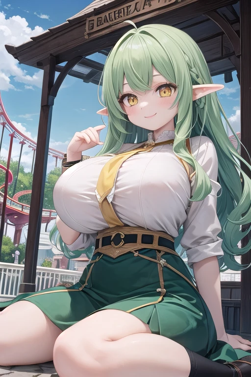masterpiece, best quality, high quality, beautiful anime character, solo, anime girl with green hair, long hair, elf ears, purple eyes, ???????????, mature female, big girl, thick, light smile, outdoors, almost full body, (grey turtleneck sweater), dark pleated skirt, white thighhighs, (flower on head), sitting, 