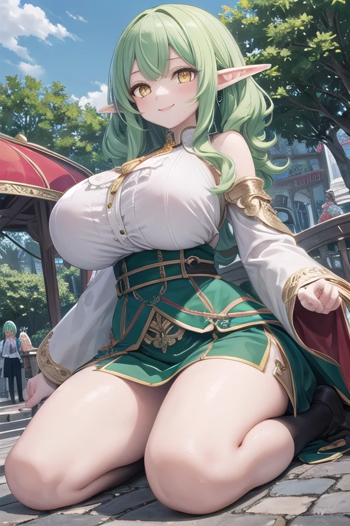 (masterpiece), best quality, expressive eyes, perfect face,((1girl)),(((mature woman))),(green and black corset dress:1.3)),(bare shoulders:1.1),(detached sleeves),(huge breasts:1.3),green hair,crystal amulet,outdoors,garter belt,high heels,middle hair,wavy hair,cleavage,looking at viewer,light smile, eyeshadows, eye liner,glistening eyes, hyper detailed eyes, intricate eyes, beautiful eye, ((glowing purple pupils))、standing,head tilt,standing on one leg,sexy pose,smiles,(face focus)