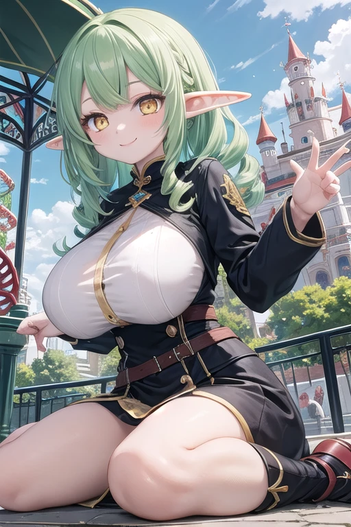 ((giantess)), 1 rapariga, Muelsyse_arknights, Woman destroying a city, Big cities, Glass building, Pleasure, Long legs, Sweat, Falling sweat, giga giantess, blue sky, ((hugebreast), Curvaceous, smile, Background of the metropolis, fullbody, Destroyed City, Dust, anime, panorama, best quality, masterpiece, highres