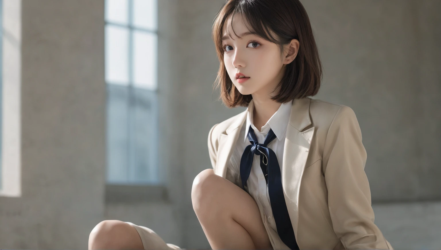 ulzzang -6500-v1.1, (Raw foto:1.2), (Photorealsitic:1.4), a beautiful detailed girl, ((a blond)), ((short-cut)), extremely detailed eye and face, beatiful detailed eyes, Ridiculous, unbelievable Ridiculous, huge filesize, ultra-detailliert, hight resolution, ighly detailed, top-quality, masterpiece, Kemomimi, ((Japanese girls' high school uniform)), illustratio, ighly detailed, nffsw, unification, 8k wallpaper, astonishing, finely detail, masterpiece, top-quality, Highly detailed ticker uniform 8K wallpaper, face lights、Cinematographic lighting、1girl in、sixteen years old、(witheout panties)、((dynamicposes)))、(camel's toe)、(half)、、(Crooked knees and legs sitting))