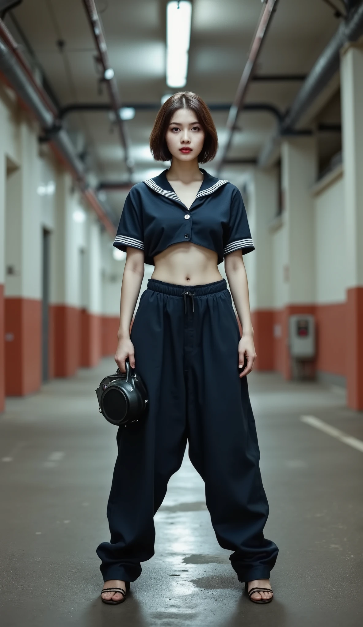 prompt
 (Ultra short hair),1 woman,front view,((full body shot)),standing,staring at camera,(best quality),masterpiece,(high res),8k,RAW,(ultra realistic),professional lighting, pan focus,(deep depth of field),insanely detailed,(golden ratio),perfect anatomy,(narrow waist),(perfect breasts),(wearing cropped navy sailor shirt),((thick baggy pants)),(high heels),(boombox1.3),((have a boombox in her hand)),(dynamic pose:1.3),(((Standing 1.4,is spreading legs))),((have a boombox in her hand)),(dynamic pose:1.3),(industrial zone district),((petrochemical plant:1.5)),Industrial Area,cyberpunk,
