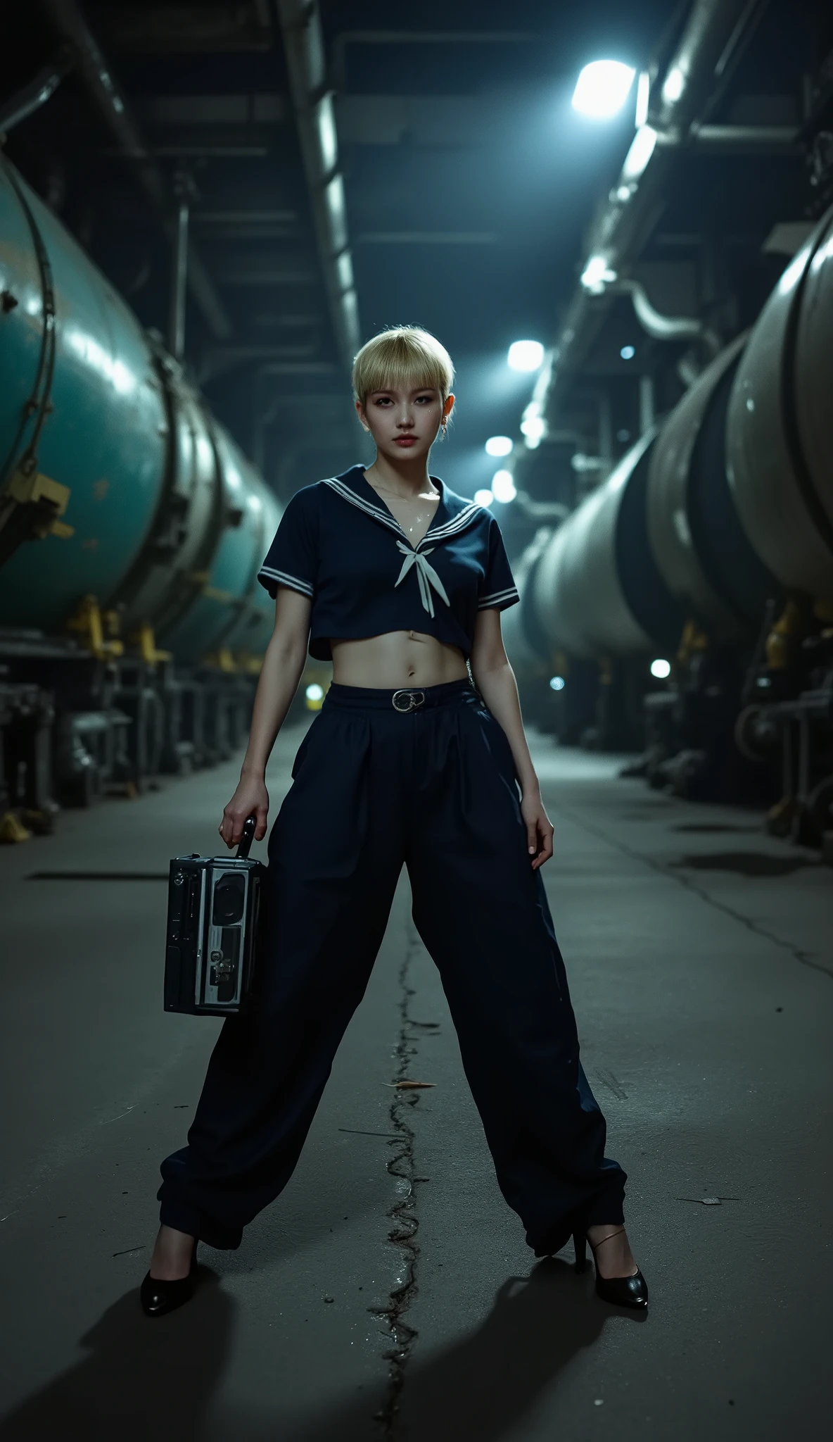prompt
 (Ultra short hair),1 woman,front view,((full body shot)),standing,staring at camera,(best quality),masterpiece,(high res),8k,RAW,(ultra realistic),professional lighting, pan focus,(deep depth of field),insanely detailed,(golden ratio),perfect anatomy,(narrow waist),(perfect breasts),(wearing cropped navy sailor shirt),((thick baggy pants)),(high heels),(boombox1.3),((have a boombox in her hand)),(dynamic pose:1.3),(((Standing 1.4,is spreading legs))),((have a boombox in her hand)),(dynamic pose:1.3),(industrial zone district),((petrochemical plant:1.5)),Industrial Area,cyberpunk,
