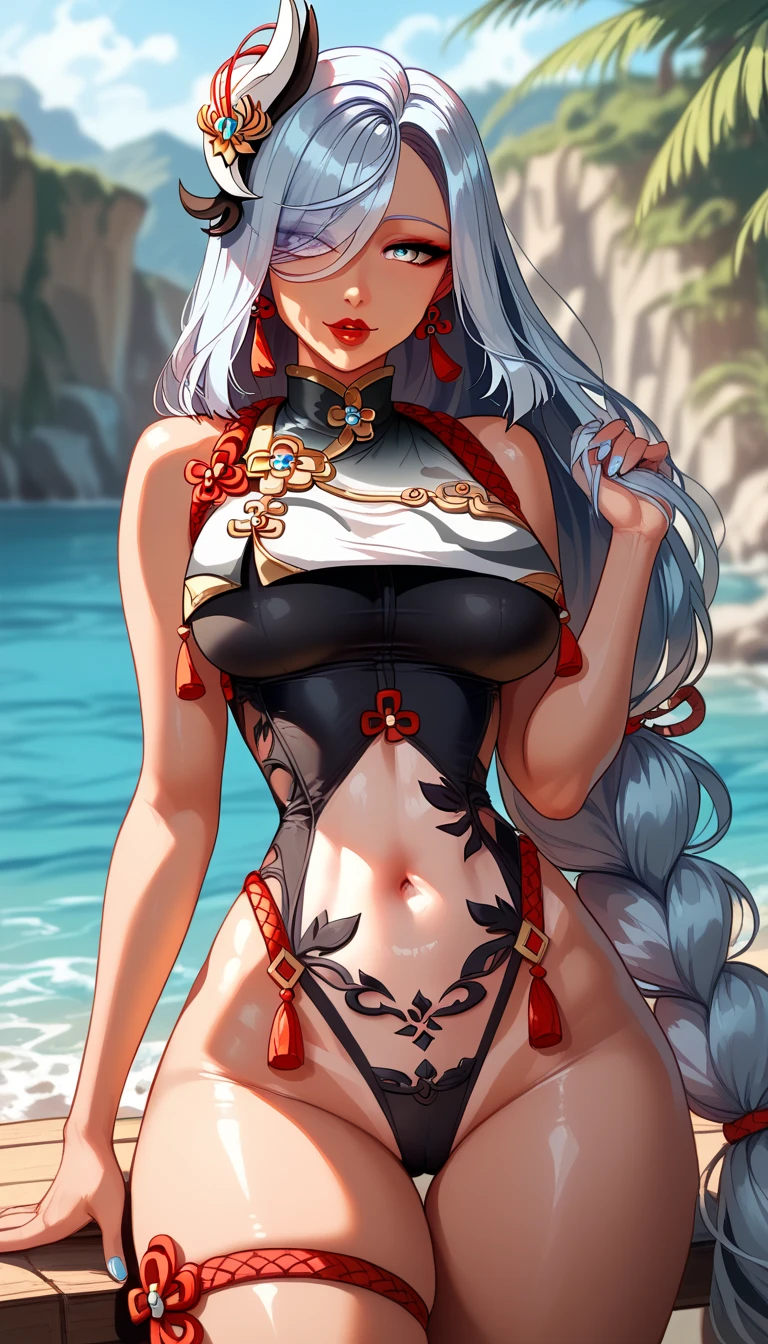 (Super detailed、Ultra-high resolution、8K masterpiece、Vibrant colors)、((Flat Color))、((Floating water))、Night Coast、Colorful Light、 A woman in a sexy swimsuit、(Angle from behind)、(Silver chain body jewelry)、Jump、Random Sexy Poses、 ((body paint、Pop tattoo on thigh))、Big Breasts、 (Tight swimsuit、choker)、cameltoe、Beautiful hip line、Butt、 (Twin tails、Vermilion, blue, silver, golden hair、hair ornaments)、Beautiful blue eyes、Beautiful red lip、(fun、smile)、TWICE's Tzuyu' on pause