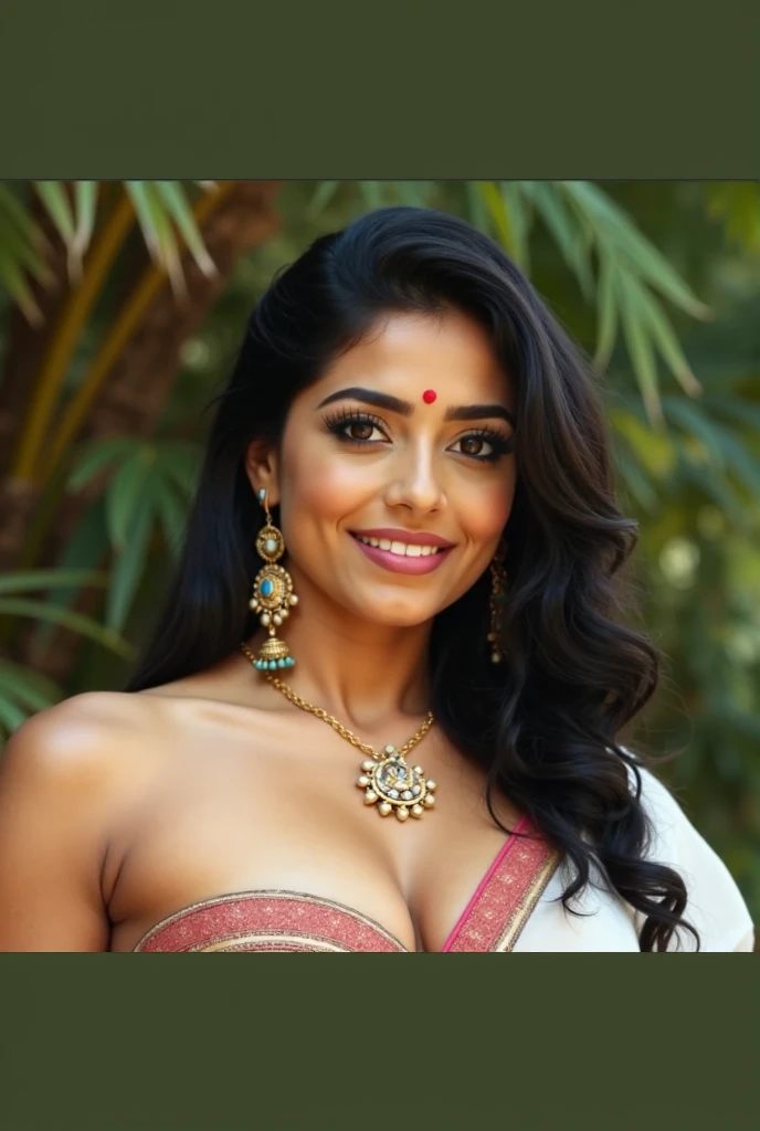 (((HD photo))), ultra high res.photorealistic:. 1.4, UHD, masterpiece, trending on artstation, portrait, 1girl, pretty, cute face, most beautiful in the world, soft, delicate, wavy blonde hair, large huge breasts, a vibrant Indian woman with olive skin and dark hair styled in loose waves. She has striking, almond-shaped eyes with bold eyebrows and intense,. Her lips are painted in a subtle, natural color, A carefree Pakistani woman with a contagious laugh lies amidst a field of brightly colored wildflowers. She wears bra. The camera (50mm lens, unzoomed) captures her from a low angle, framing her against the vastness of the flower field. The sunlight creates a natural spotlight on her joyful expression