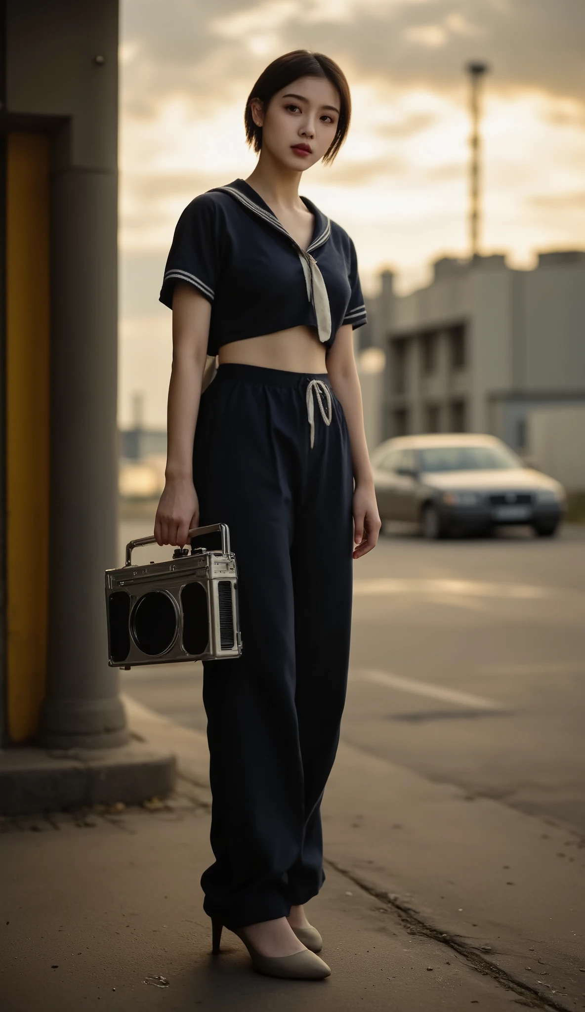 prompt
(Ultra short hair),1 woman,front view,((full body shot)),standing,staring at camera,(best quality),masterpiece,(high res),8k,RAW,(ultra realistic),professional lighting, pan focus,(deep depth of field),insanely detailed,(golden ratio),perfect anatomy,(narrow waist),(perfect breasts),(wearing cropped navy sailor shirt),((thick baggy pants)),(high heels),(boombox1.3),((have a boombox in her hand)),(dynamic pose:1.3),(((Standing 1.4,is spreading legs))),((have a boombox in her hand)),(dynamic pose:1.3), orbital space,(industrial zone district),((petrochemical plant:1.5)),Industrial Area,
