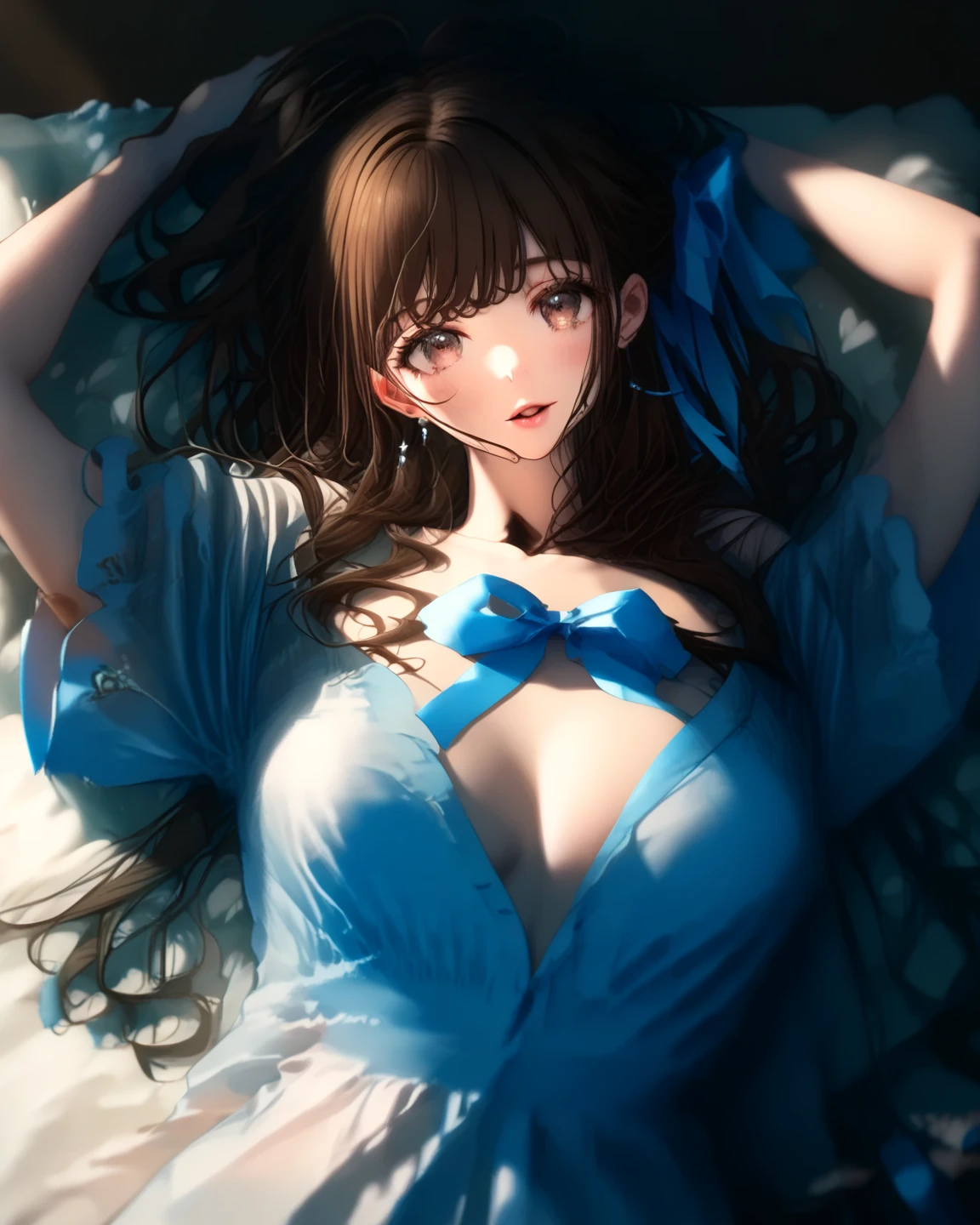 Murakami Takashi style, 8K quality, intense watercolor, detailed watercolor art, watercolor splash, surreal, avant-garde pop art, beautiful and expressive painting, beautiful artwork illustration, very colorful tones, best quality, vector art, stylish design, sheer negligee ((most beautiful girl ever)), (((best quality))), HDR, ((details)), (((doodle art)), ((masterpiece)), ((super detailed)), ((delicate eyes, best quality eyes, beautiful eyes, big eyes))(brown hair, curly hair, shiny hair, beautiful hair, voluminous hair), ((beautiful breasts, slim waist, leaning forward, hands on knees))((piercings, necklace, lots of accessories)), (((above the knees, looking at the camera, angle from above)))