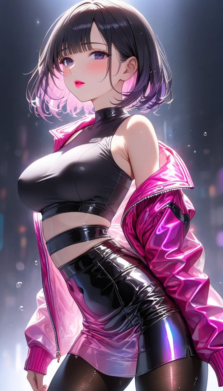 (Angle from below), A woman with something in her pocket, Asymmetrical short hair, Big Breasts, Exposed cleavage, Leather corset that fits perfectly to the skin, Tight black mini skirt, Pink jacket, Black Background, Anime Style, Digital Painting, (masterpiece), (Highest quality), (Very detailed),
