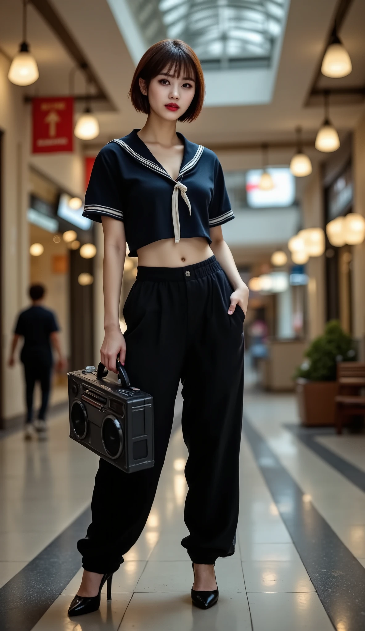 prompt
(Ultra short hair),1 woman,front view,((full body shot)),standing,staring at camera,(best quality),masterpiece,(high res),8k,RAW,(ultra realistic),professional lighting, pan focus,(deep depth of field),insanely detailed,(golden ratio),perfect anatomy,(narrow waist),(perfect breasts),(wearing cropped navy sailor shirt),((thick baggy pants)),(high heels),(boombox1.3),((have a boombox in her hand)),(dynamic pose:1.3),(((Standing 1.4,is spreading legs))),((have a boombox in her hand)),(dynamic pose:1.3), orbital space,(A bustling underground shopping mall,SHOPPING CENTER),