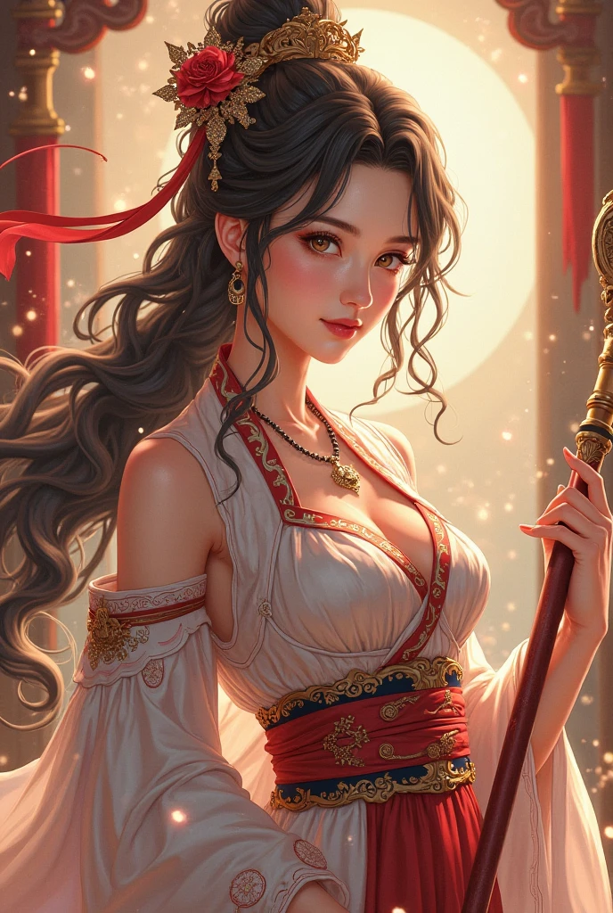 (1 woman), big boobs,slim but curved body, (white long hair), (red Eye's), cold beauty, wearing Chinese crown, wearing Chinese outfit, ((high quality)), ((4k)), flying above a Sword, ((detailed eyes)), perfect face,, ((perfect body)), (perfect hands), (no blemish), (detailed shading), red demonic sect in the background, (detailed background,