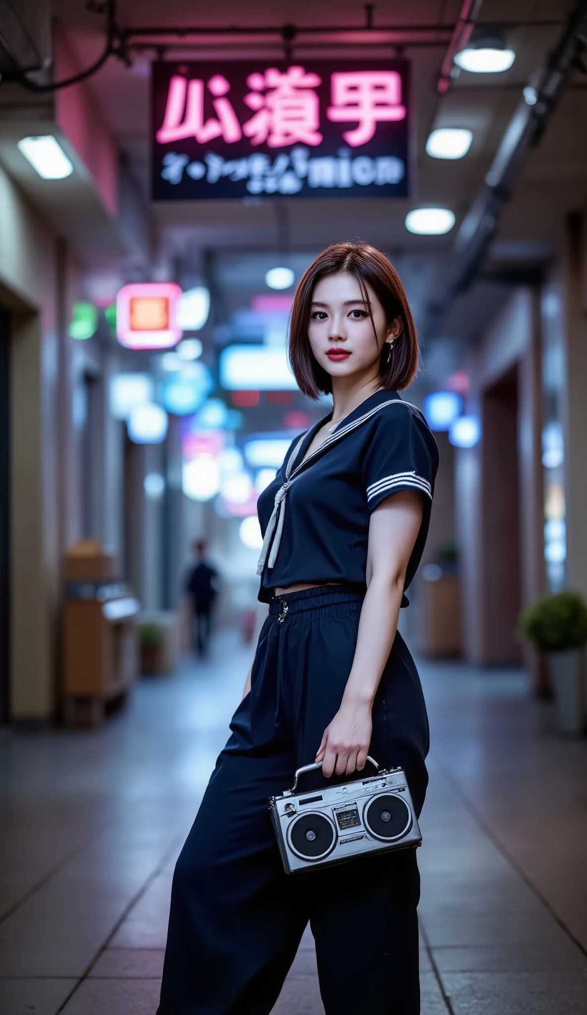 prompt
(Ultra short hair),1 woman,front view,((full body shot)),standing,staring at camera,(best quality),masterpiece,(high res),8k,RAW,(ultra realistic),professional lighting, pan focus,(deep depth of field),insanely detailed,(golden ratio),perfect anatomy,(narrow waist),(perfect breasts),(wearing cropped navy sailor shirt),((thick baggy pants)),(high heels),(boombox1.3),((have a boombox in her hand)),(dynamic pose:1.3),(((Standing 1.4,is spreading legs))),((have a boombox in her hand)),(dynamic pose:1.3), orbital space,(A bustling underground shopping mall,SHOPPING CENTER),((neon light1.2)), sign,
