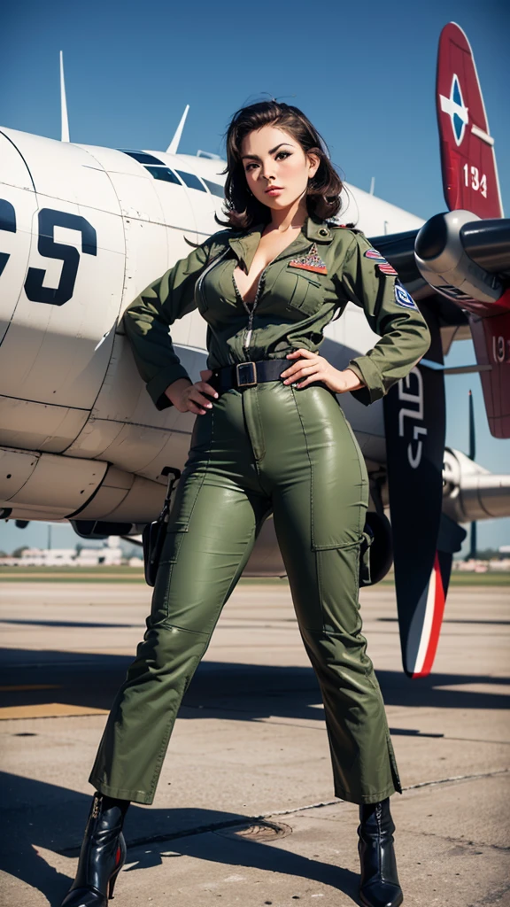 Standing on the cockpit of a fighter jet、Only panties under the MA1 jacket、One beautiful woman、huge tit、cleavage of the breast、beauty legs、((full bodyesbian))