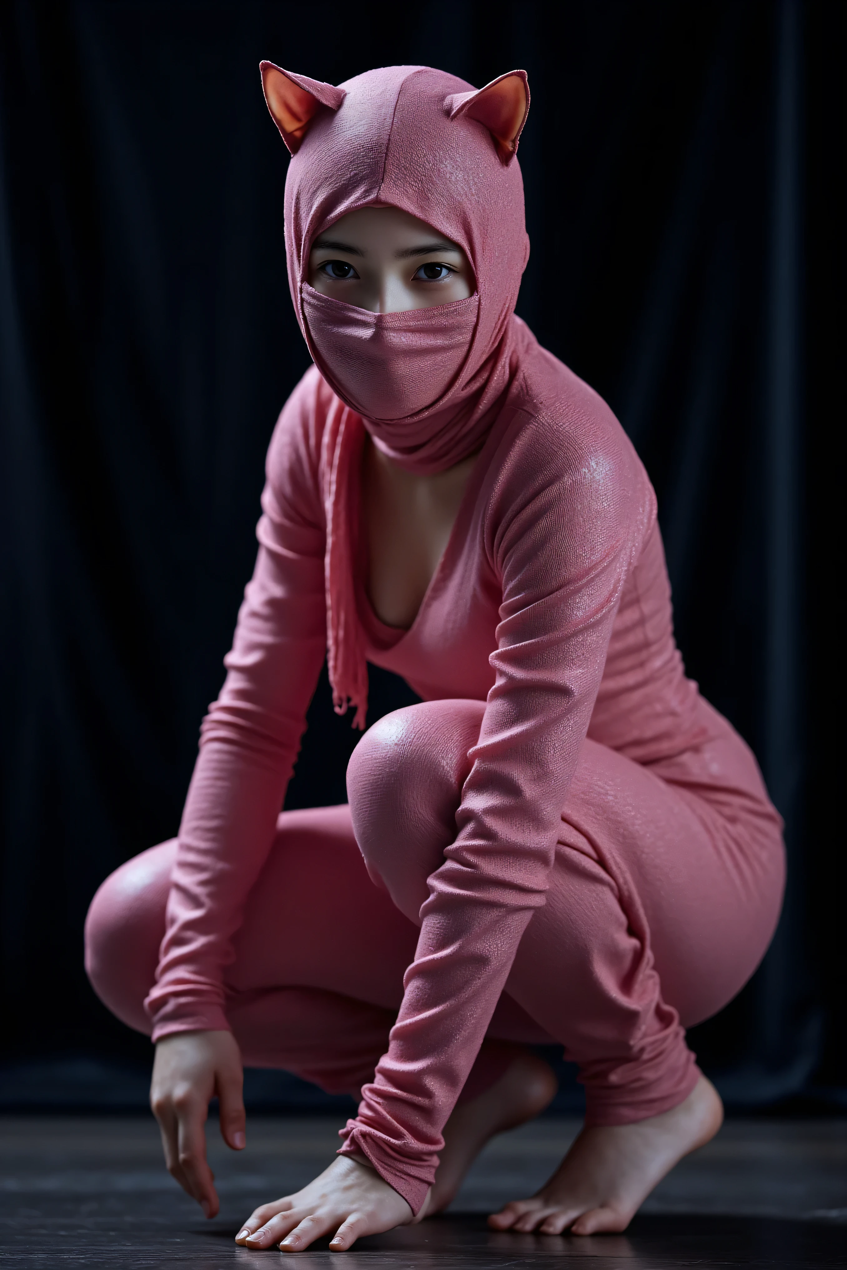 (Photography)(dynamic) Show a Malay female, hanging in the middle of room. Wearing hijab, pink skintight inner and leggings. Blindfold. Hands tied together upwards. Crying.