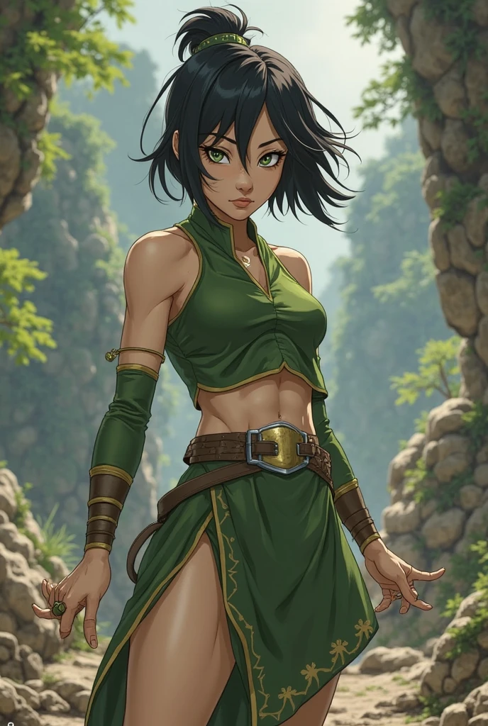 1girl, medium breasts, leotard, green leotard with red accents, sleeveless, midriff, bare legs, boots, matching boots, bracelets, mars backdrop, solo, single, standing, full body shot, cowboy shot, beautiful detailed eyes, black hair, medium hair, superhero, barbarian, using broad sword in hand