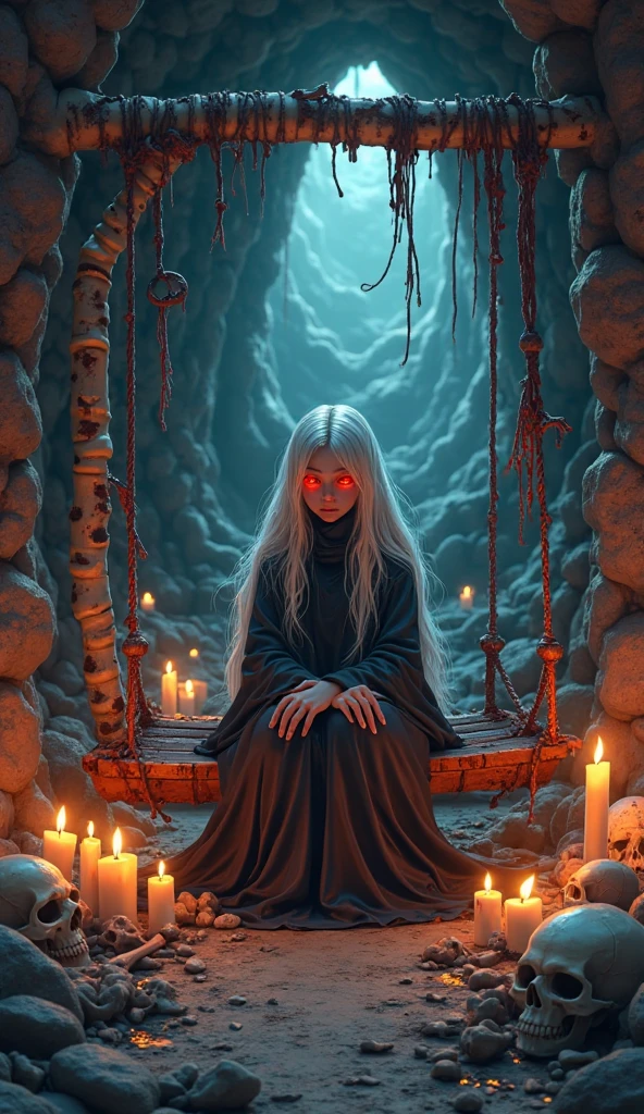 Inside a dimly lit cave、Clean with horns and wings、Silver-haired dragon tribe girl、Bondage costumes、Portrayal of a brown Shiba Inu sleeping on his lap、Close-up photos、Volumetric fog、Halation、bloom、Dramatic atmosphere、central、thirds rule、