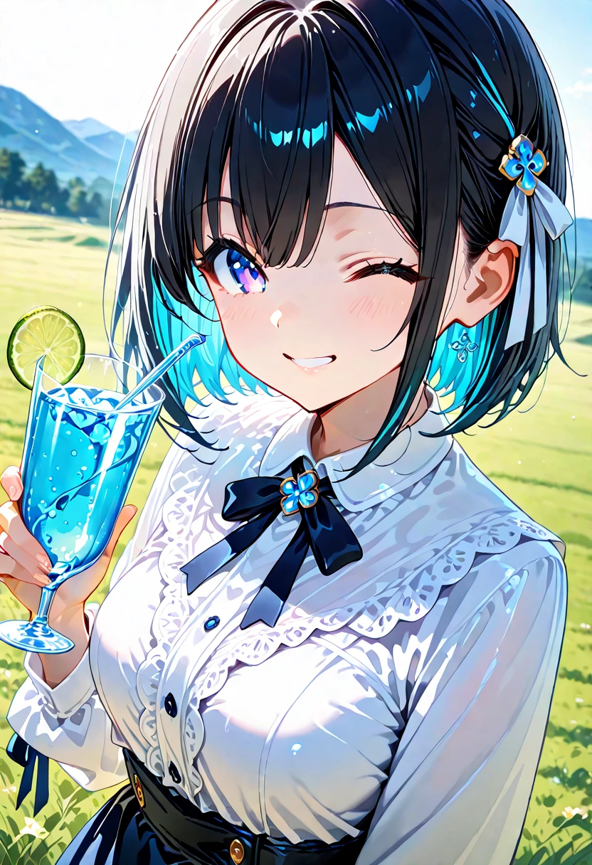 A kawaii girl is pouring a cocktail with a flourish, petals of blue and green cascading around her as she creates a dazzling display.