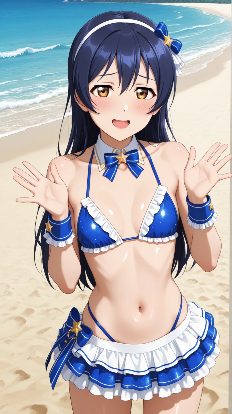 a close up of a cartoon character in a bikini on a beach, realistic bikini, Enchanting anime girl, clothing: bikini, kotegawa yui, in bikini, Swimwear, Naughty anime style, A sophisticated gravure idol, Real young gravure idol, My Dress Up Darling Anime, mayuri shiina, Naughty, Hot and sunny highly detailed