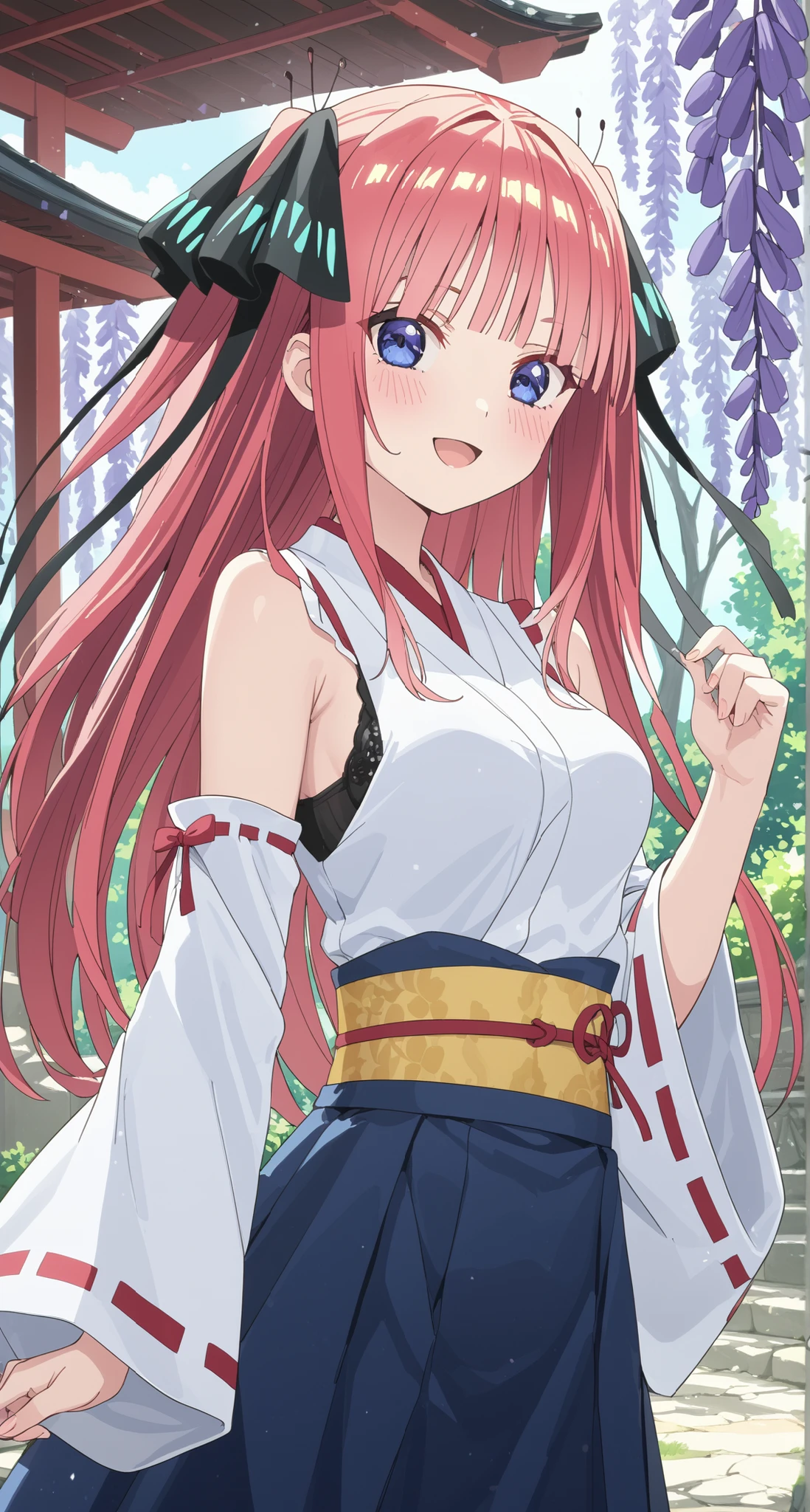 nsfw,nakano nino,glass cover,side shot,alternate color,masterpiece,detailed illustration,lifelike,{{{Cute 1nakano nino}}},shiny beautiful woman,cinematic lighting,dynamic angle,dynamic pose,depth of field,miko,looking at viewer,long hair,pink hair,shiny hair,hime cut,twintails,two side up,hair ribbon,butterfly hair ornament,blue eyes,blush,medium breasts,black bra,sleeveless,Detached sleeves,blue skirt,yellow obi,open mouth,light smile,shrine,wisteria flowers,wisteria confetti