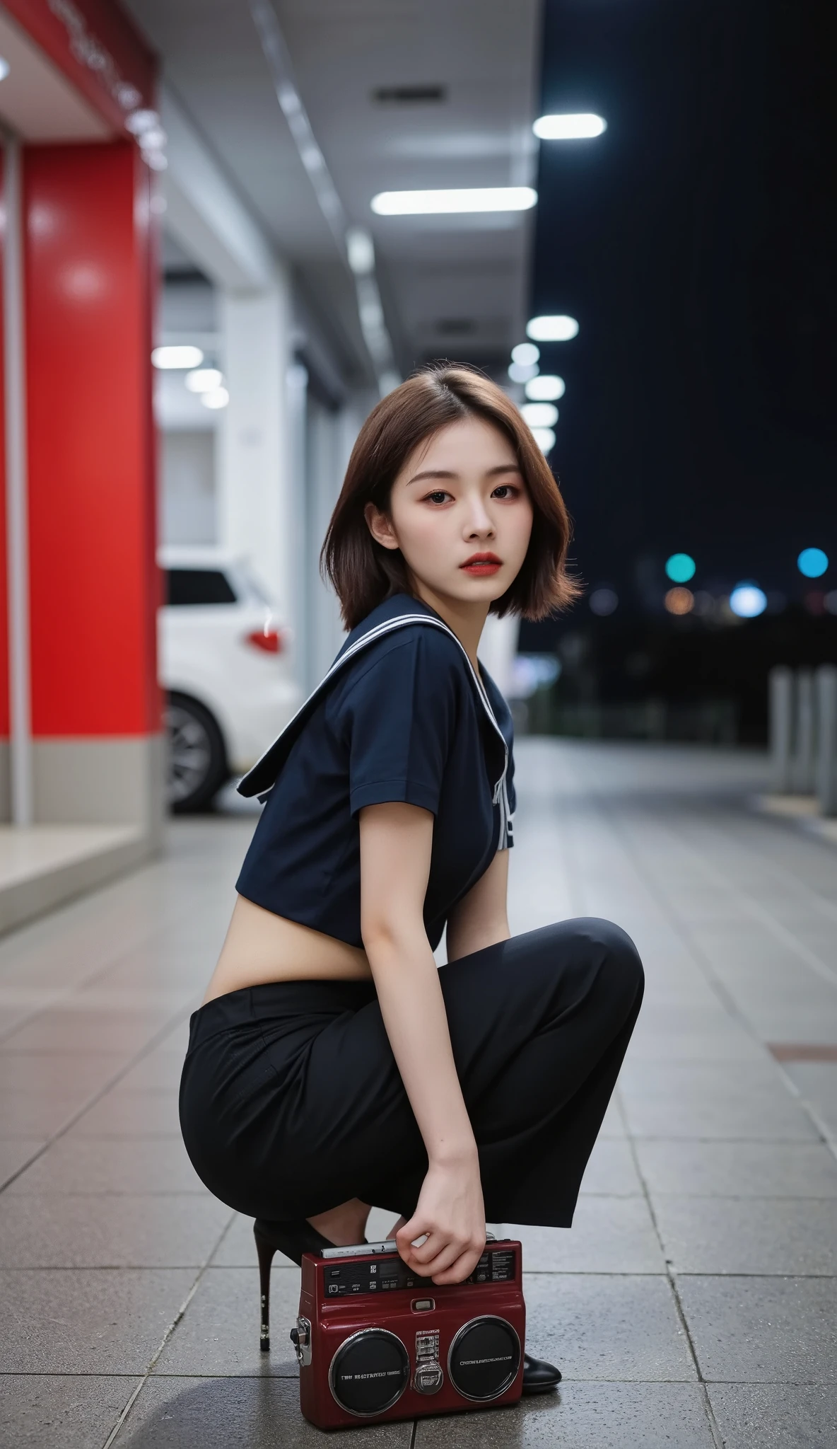 prompt
(Ultra short hair),1 woman,front view,((full body shot)),squatting,staring at camera,(best quality),masterpiece,(high res),8k,RAW,(ultra realistic),professional lighting, pan focus,(deep depth of field),insanely detailed,(golden ratio),perfect anatomy,(narrow waist),(perfect breasts),(wearing cropped navy sailor shirt),((thick baggy pants)),(high heels),(boombox1.3),((have a boombox in her hand)),(dynamic pose:1.3),(((Standing 1.4,is spreading legs))),((have a boombox in her hand)),(dynamic pose:1.3), orbital space,(A bustling underground shopping mall,SHOPPING CENTER),((neon light1.2)),