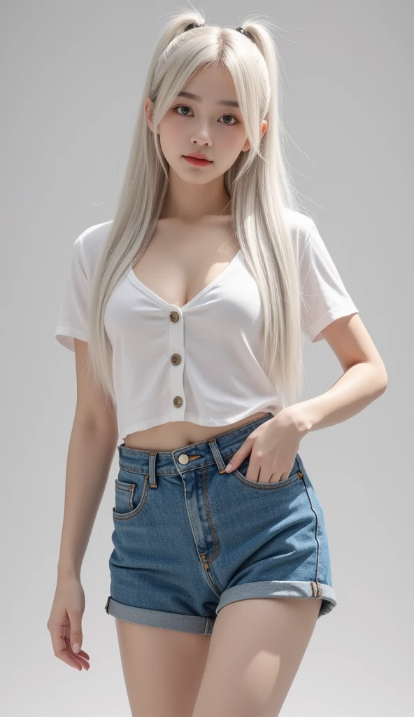 1 girl has a beautiful face and white hair, Airy bangs, Cute, wearing a choker, White T-shirt and denim shorts, Medium breasts, Slender, inside a supermarket, shopping cart, Best quality, Masterpiece, 超高分辨率, (Photorealistic:1.4), RAW photo