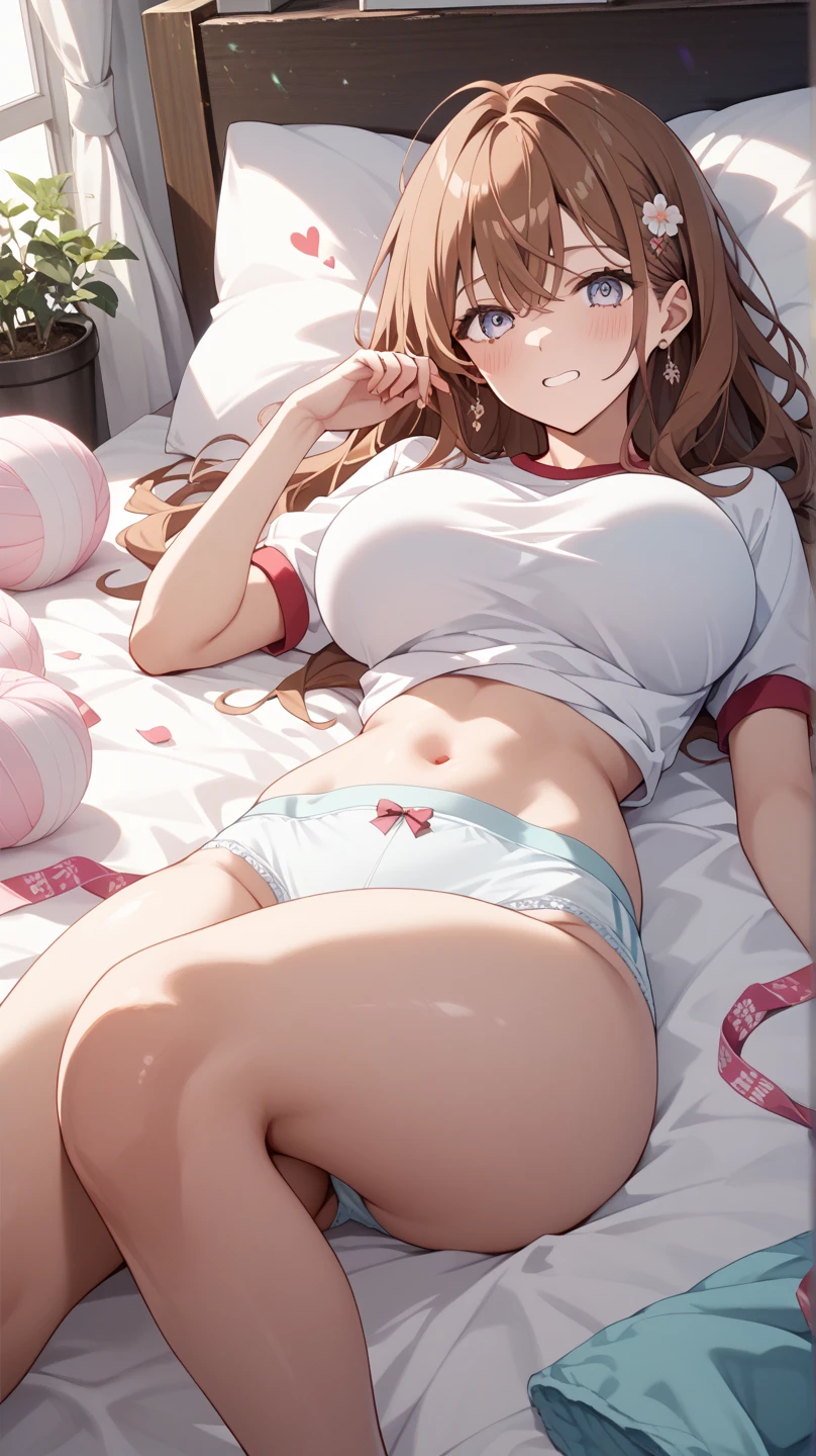 _asura style, 1girl, clock, solo, breasts, pink_hair, long_hair, navel, sitting, one_eye_closed, underwear, open_mouth, armpits, black_panties, alarm_clock, looking_at_viewer, window, panties, large_breasts, indoors, blue_eyes, cleavage, arms_up, crop_top, ;o, on_bed, waking_up, bangs, bed, collarbone, shirt, tank_top, thighs, midriff, curtains, camisole, blush, hands_in_hair, black_bra, white_shirt, bra