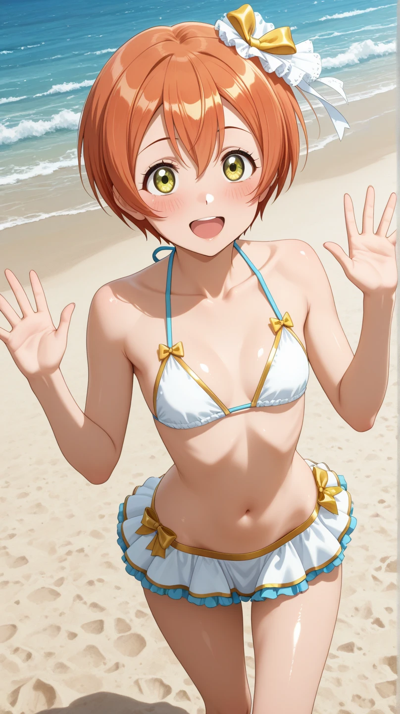 masterpiece, highest quality,Super detailed,girl,Happy,smile,rin hoshizora outdoor fence,open your mouth,micro bikini,NSFW,Gravure shooting in progress,nipple,The strings of the swimsuit are untied,The whole body is wet,random pose,small breasts,random angle,semi-nude,being photographed by a camera,Undressing