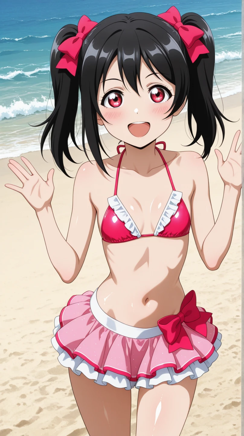KMV2, 1girl, solo, smile, short hair, on all fours, ruffle bikini, wet, in sparkling water, sunny, blush, perfect quality, good quality, masterpiece, HDR, UHD <lora:Kaori Makimura V2:0.8>