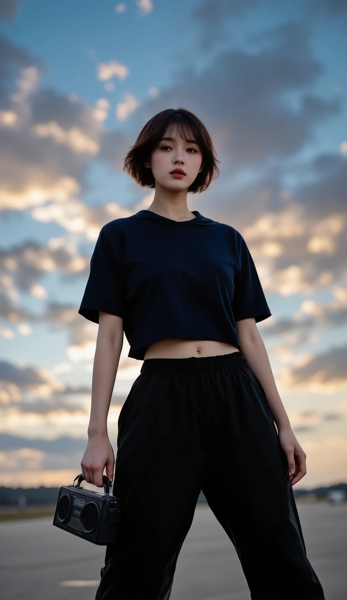 prompt
 ((ultra short hair 1.3)),1 woman,front view,((full body shot)),standing,staring at camera,(best quality),masterpiece,(high res),8k,RAW,(ultra realistic),professional lighting, pan focus,(deep depth of field),insanely detailed,(golden ratio),perfect anatomy,(narrow waist),(perfect breasts),(wearing cropped navy sailor shirt),((thick baggy pants)),(high heels),(boombox1.3),((have a boombox in her hand)),(dynamic pose:1.3),(((Standing 1.4,is spreading legs))),(dynamic pose:1.3), orbital space,(Airplane Hangar,airport, jet,Runway)
