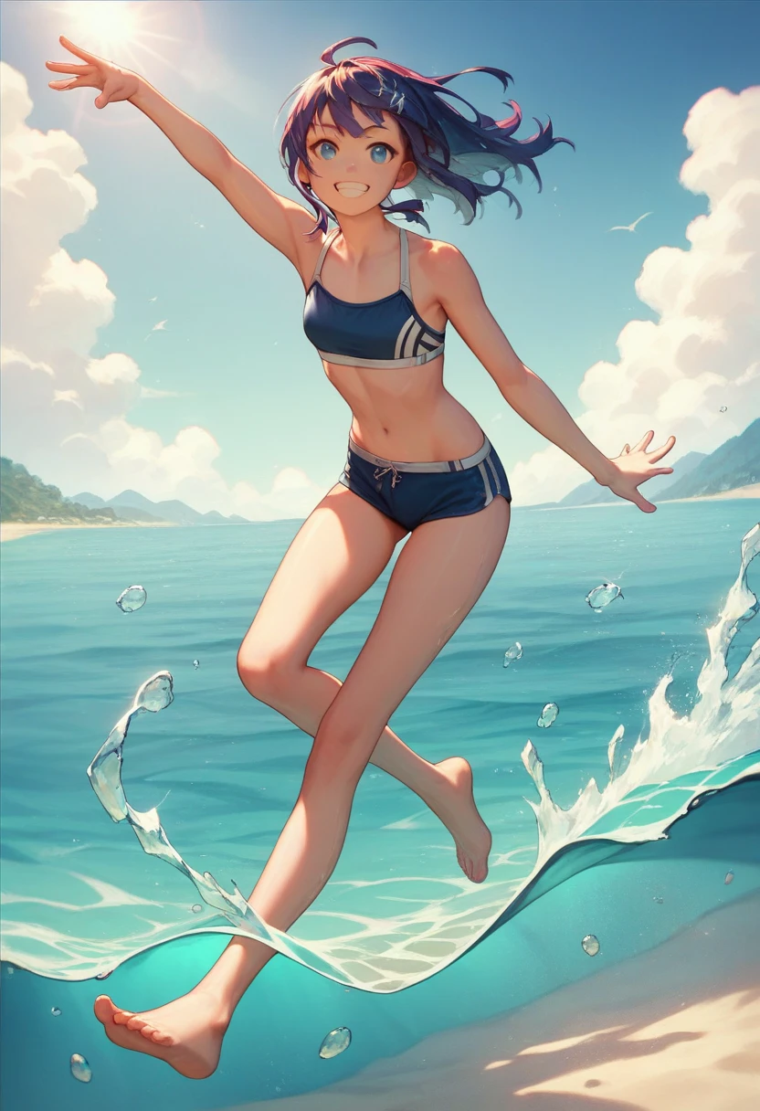 (masterpiece, top quality, best quality, official art, beautiful and aesthetic:1.2), sea, glitter, full body, colorful, slender, one girl, white swimsuit, big smile, gentle pose,, short cut, brown hair, brown eyes, small breasts super detailed face, top quality face